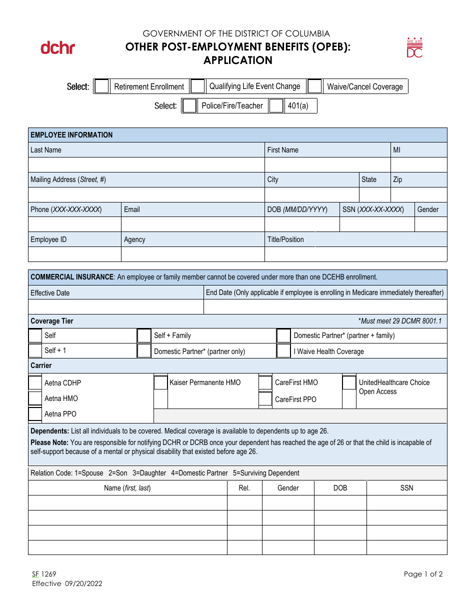 Form SF1269 Other Post-employment Benefits (Opeb): Application - Washington, D.C., Page 1