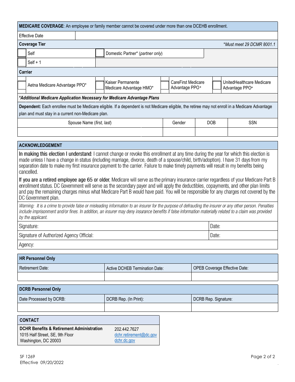 Form SF1269 Other Post-employment Benefits (Opeb): Application - Washington, D.C., Page 2