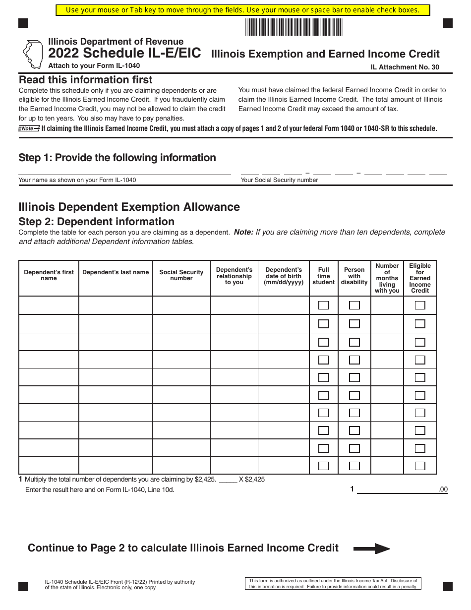 Form IL1040 Schedule ILE/EIC 2022 Fill Out, Sign Online and