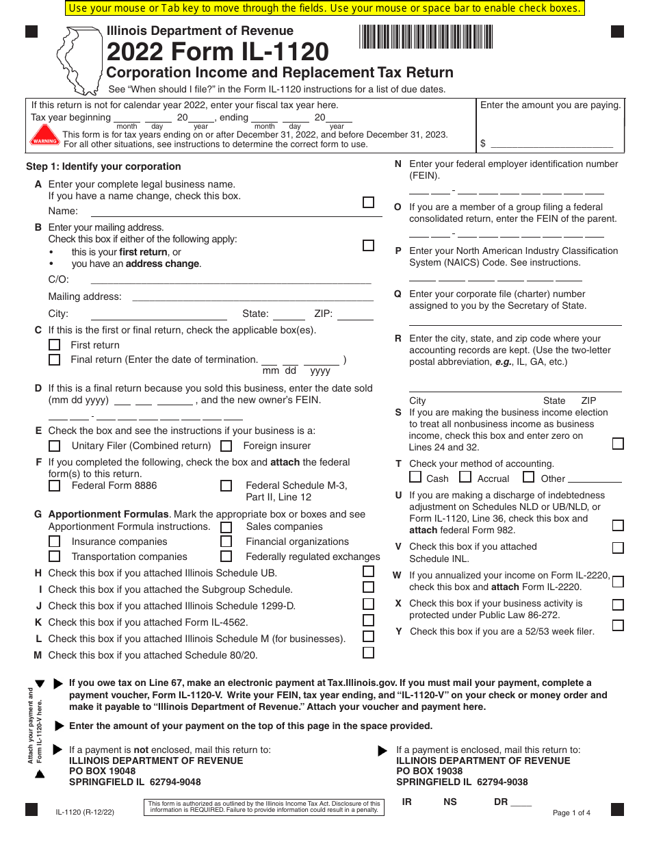 Form IL-1120 Corporation Income and Replacement Tax Return - Illinois, Page 1