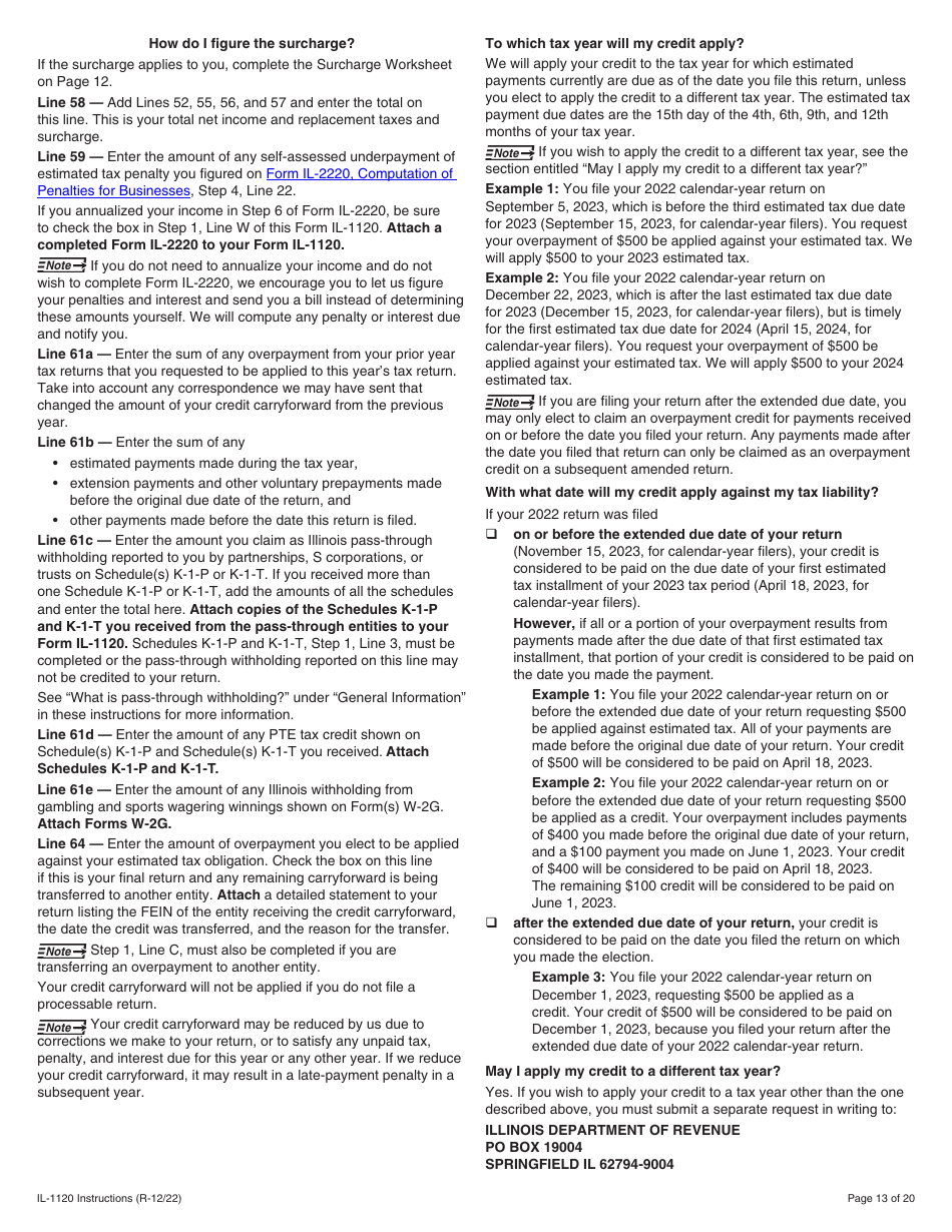 Instructions for Form IL-1120 Corporation Income and Replacement Tax Return - Illinois, Page 13