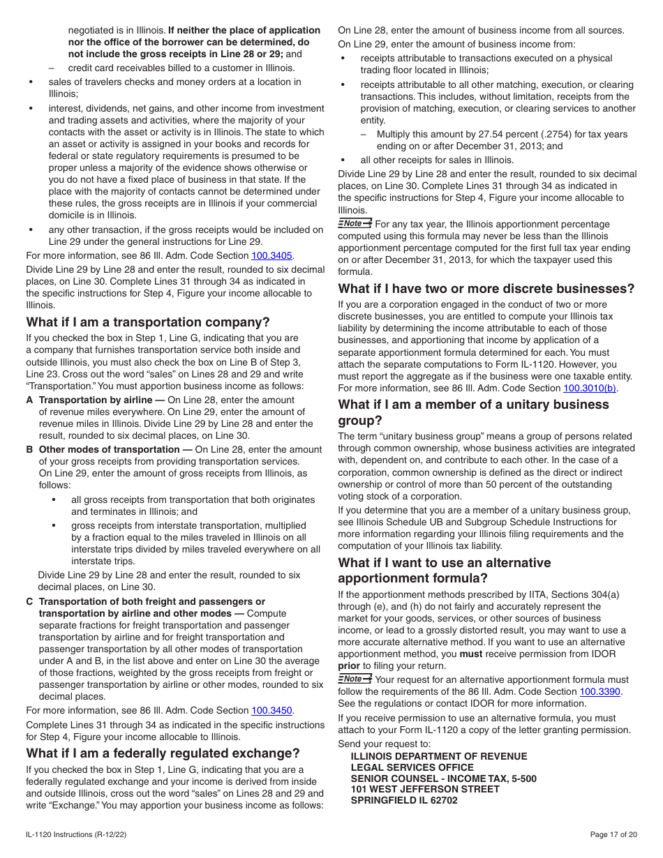 Instructions for Form IL-1120 Corporation Income and Replacement Tax Return - Illinois, Page 17