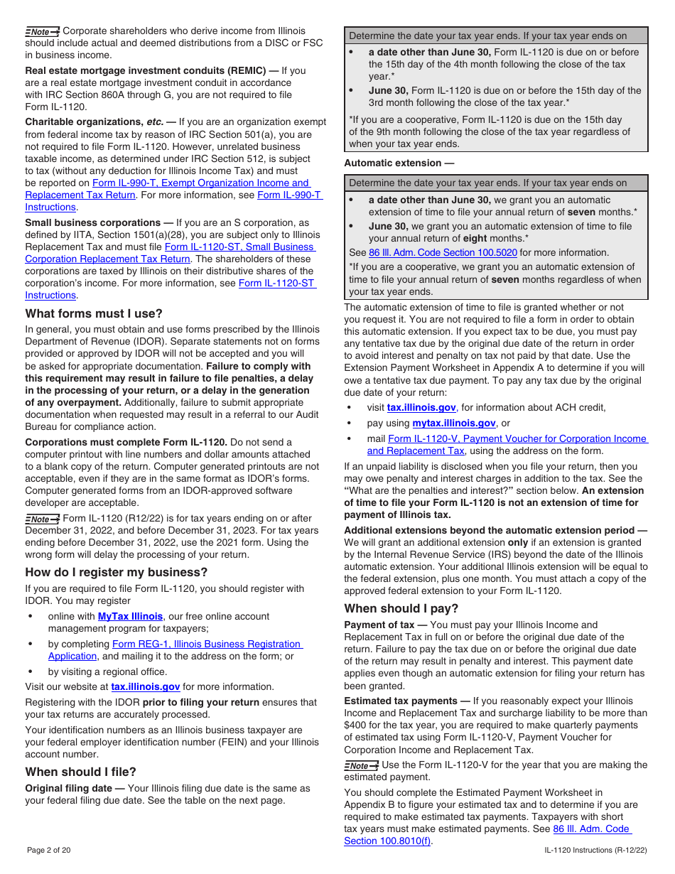 Instructions for Form IL-1120 Corporation Income and Replacement Tax Return - Illinois, Page 2