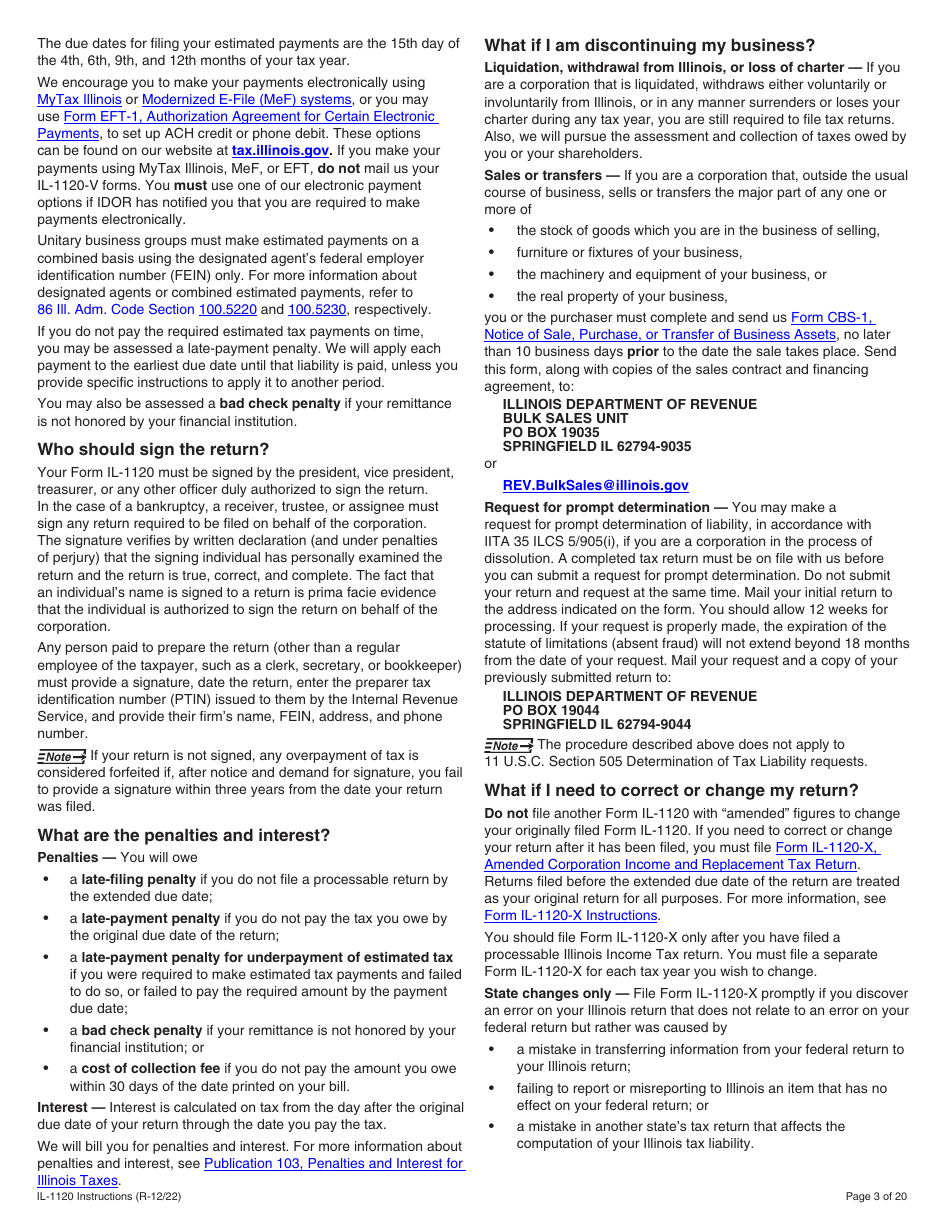 Instructions for Form IL-1120 Corporation Income and Replacement Tax Return - Illinois, Page 3