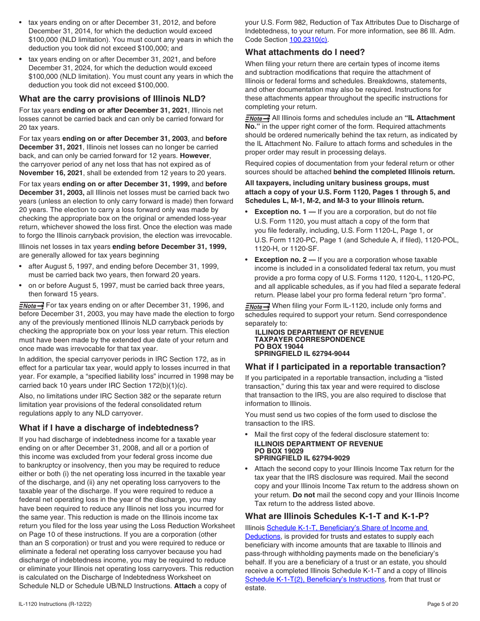 Instructions for Form IL-1120 Corporation Income and Replacement Tax Return - Illinois, Page 5