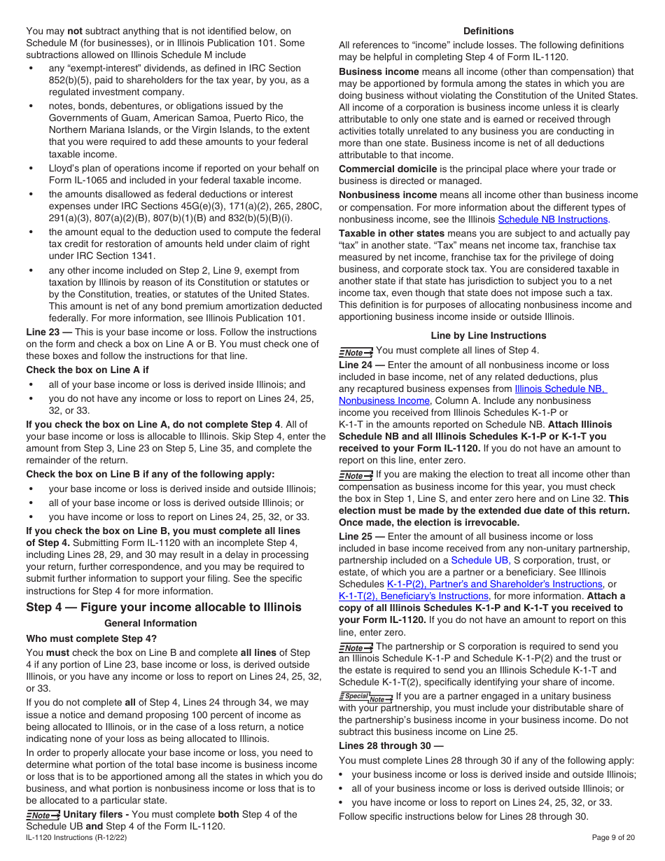 Instructions for Form IL-1120 Corporation Income and Replacement Tax Return - Illinois, Page 9