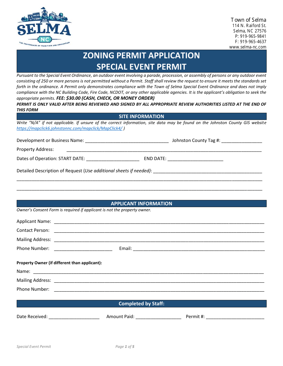 Zoning Permit Application - Special Event Permit - Town of Selma, North Carolina, Page 1