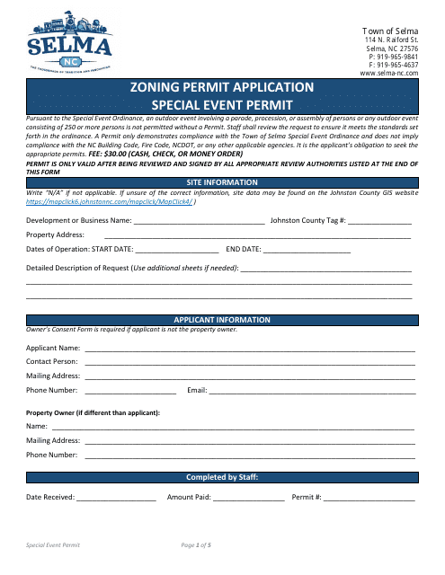 Zoning Permit Application - Special Event Permit - Town of Selma, North Carolina Download Pdf