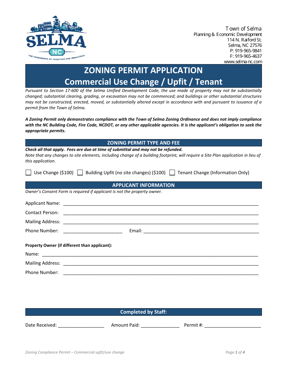 Zoning Permit Application - Commercial Use Change/Upfit/Tenant - Town of Selma, North Carolina, Page 1