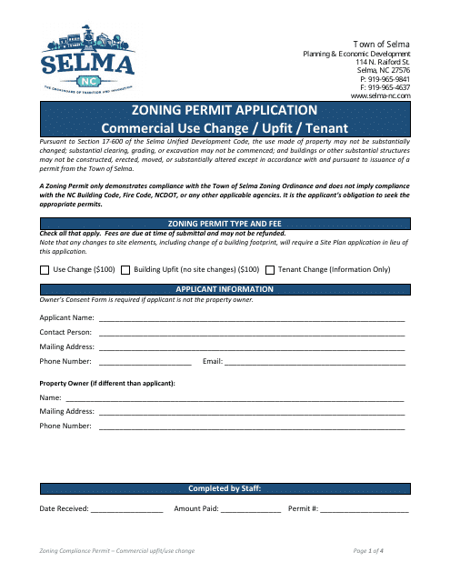 Zoning Permit Application - Commercial Use Change/Upfit/Tenant - Town of Selma, North Carolina Download Pdf