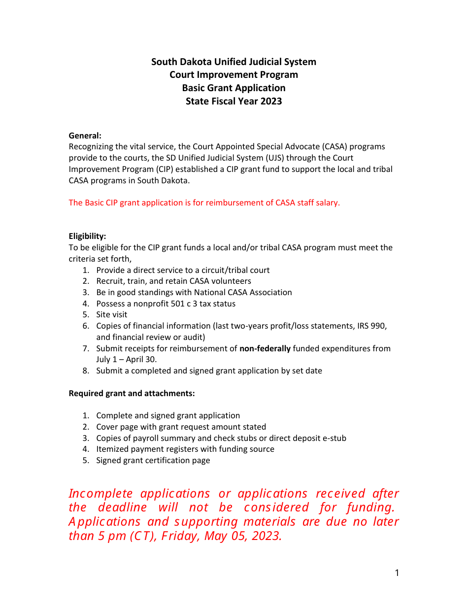 Basic Grant Application - Court Improvement Program - South Dakota, Page 1