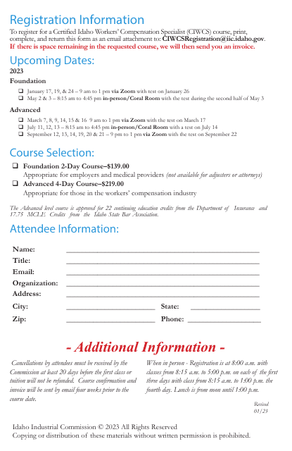 Certified Idaho Workers' Compensation Specialist Course Registration Form - Idaho, 2023