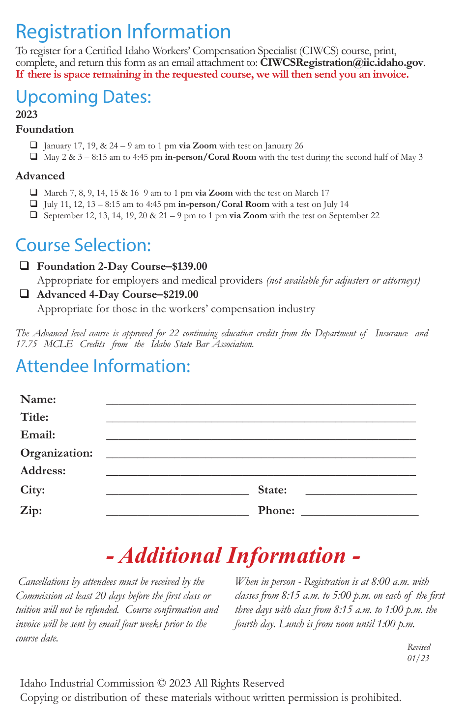 Certified Idaho Workers Compensation Specialist Course Registration Form - Idaho, Page 1