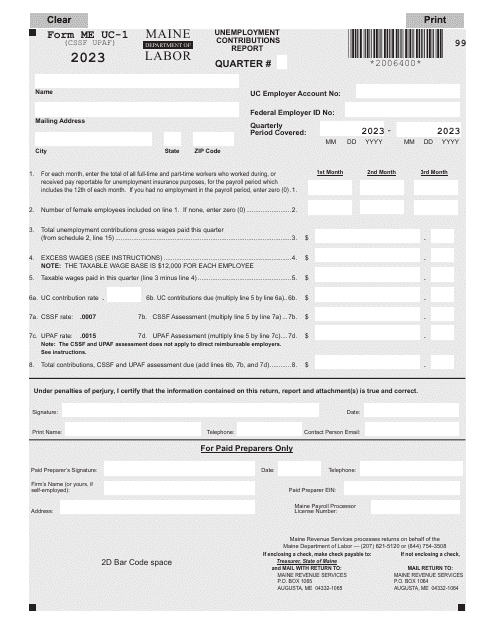 Form ME UC-1 Unemployment Contributions Report - Maine, 2023