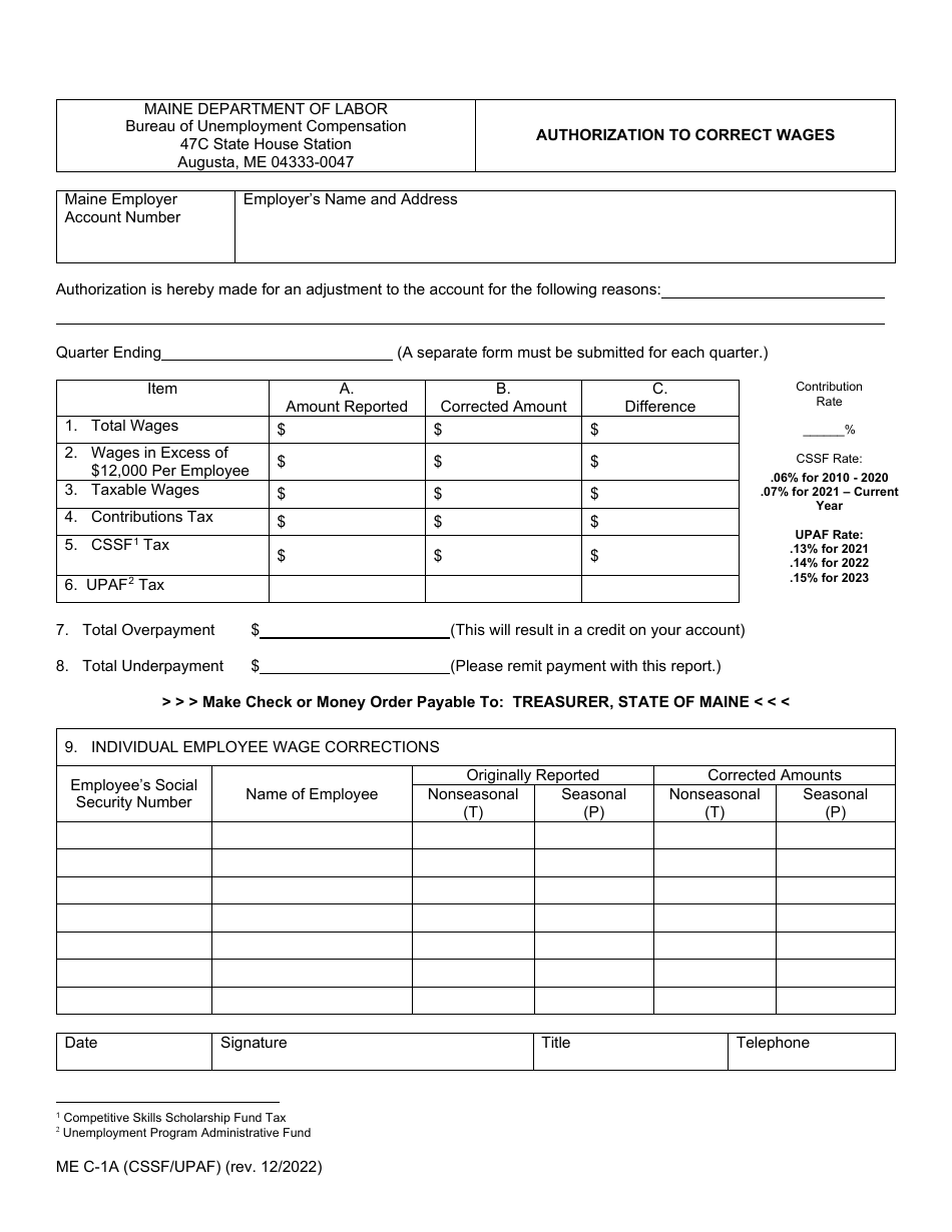 Form ME C-1A (CSSF / UPAF) Authorization to Correct Wages - Maine, Page 1