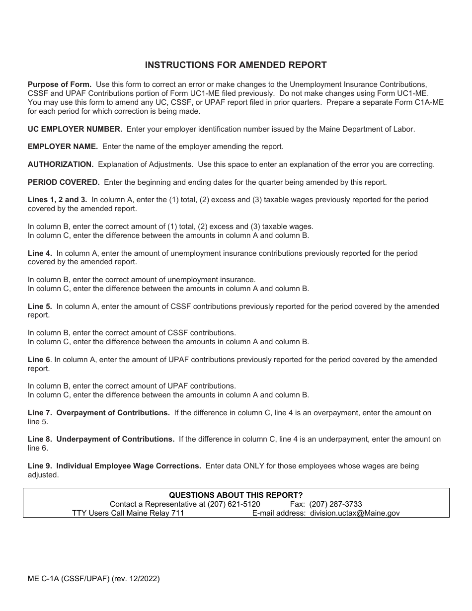 Form ME C-1A (CSSF / UPAF) Authorization to Correct Wages - Maine, Page 2