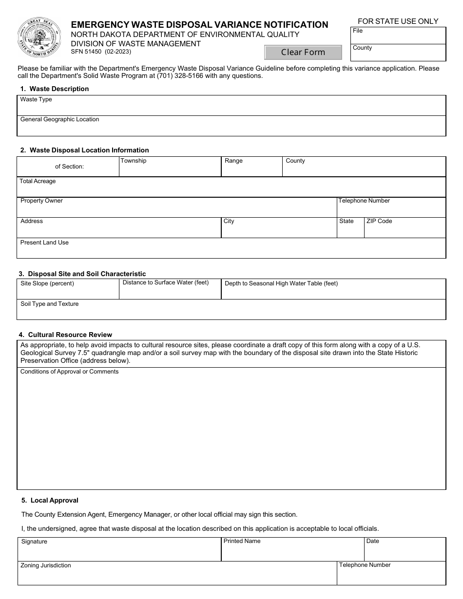 Form SFN51450 Emergency Waste Disposal Variance Notification - North Dakota, Page 1