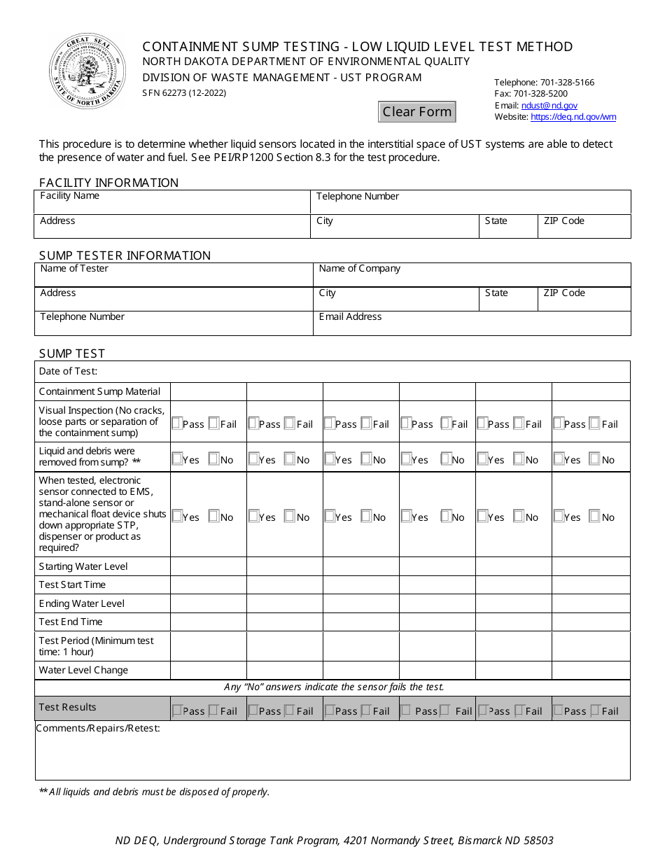 Form SFN62273 Containment Sump Testing - Low Liquid Level Test Method - North Dakota, Page 1