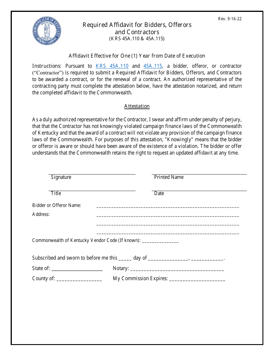 Required Affidavit for Bidders, Offerors and Contractors - Kentucky, Page 1