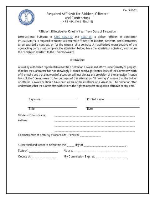 Required Affidavit for Bidders, Offerors and Contractors - Kentucky Download Pdf