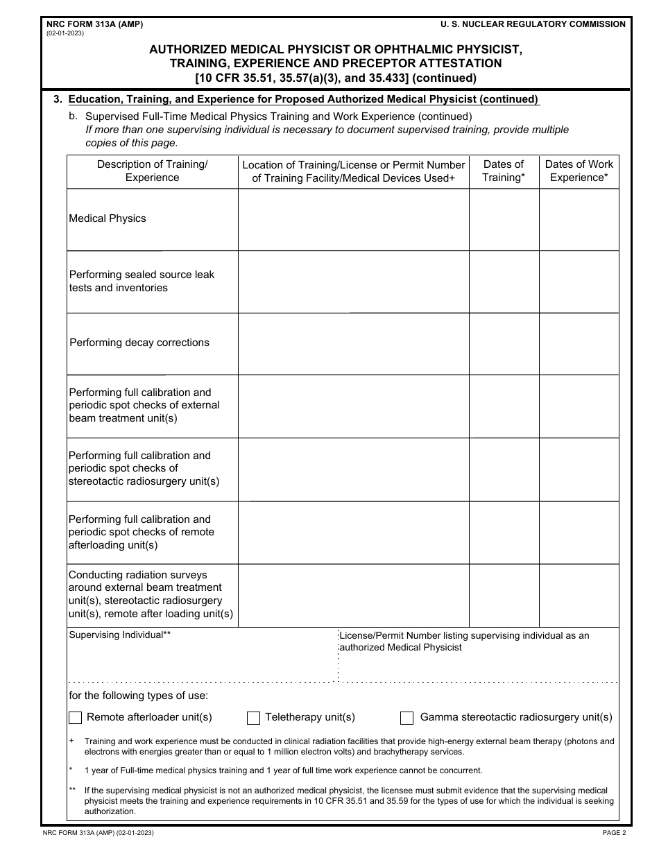 NRC Form 313A (AMP) Authorized Medical Physicist or Ophthalmic Physicist, Training, Experience and Preceptor Attestation, Page 2