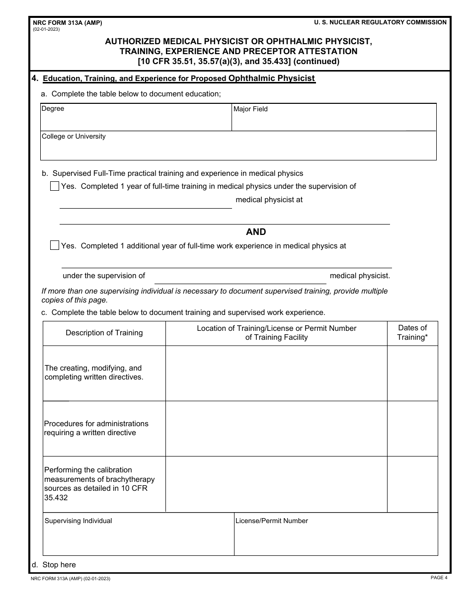 NRC Form 313A (AMP) Authorized Medical Physicist or Ophthalmic Physicist, Training, Experience and Preceptor Attestation, Page 4