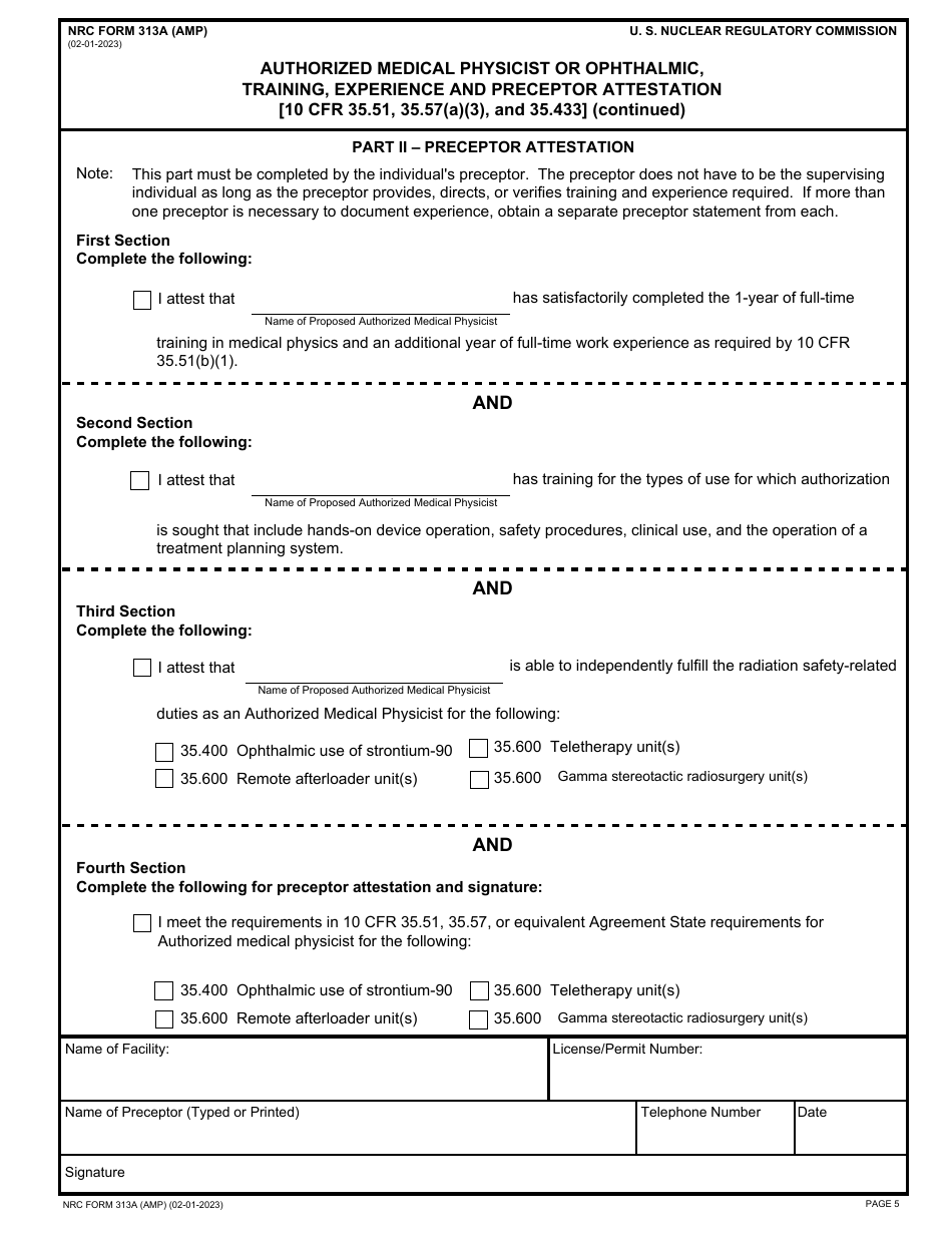 NRC Form 313A (AMP) Authorized Medical Physicist or Ophthalmic Physicist, Training, Experience and Preceptor Attestation, Page 5