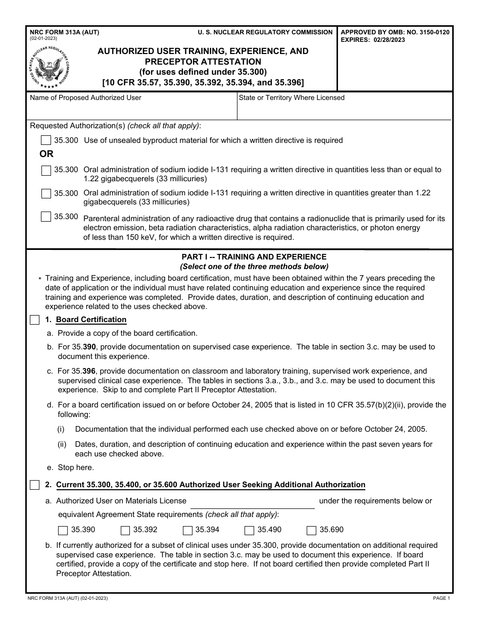 NRC Form 313A (AUT) Authorized User Training, Experience, and Preceptor Attestation (For Uses Defined Under 35.300), Page 1