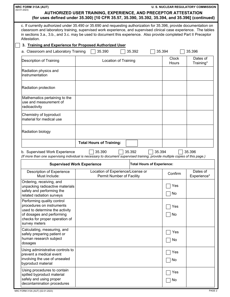 NRC Form 313A (AUT) Authorized User Training, Experience, and Preceptor Attestation (For Uses Defined Under 35.300), Page 2
