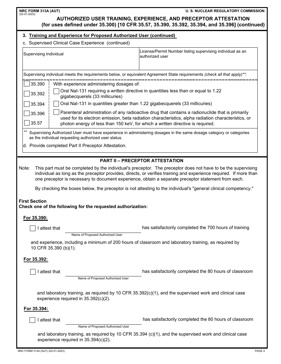 NRC Form 313A (AUT) Authorized User Training, Experience, and Preceptor Attestation (For Uses Defined Under 35.300), Page 4
