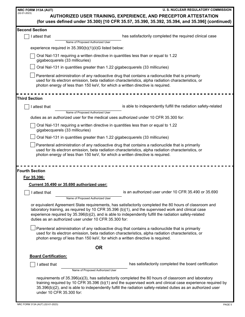 NRC Form 313A (AUT) Authorized User Training, Experience, and Preceptor Attestation (For Uses Defined Under 35.300), Page 5