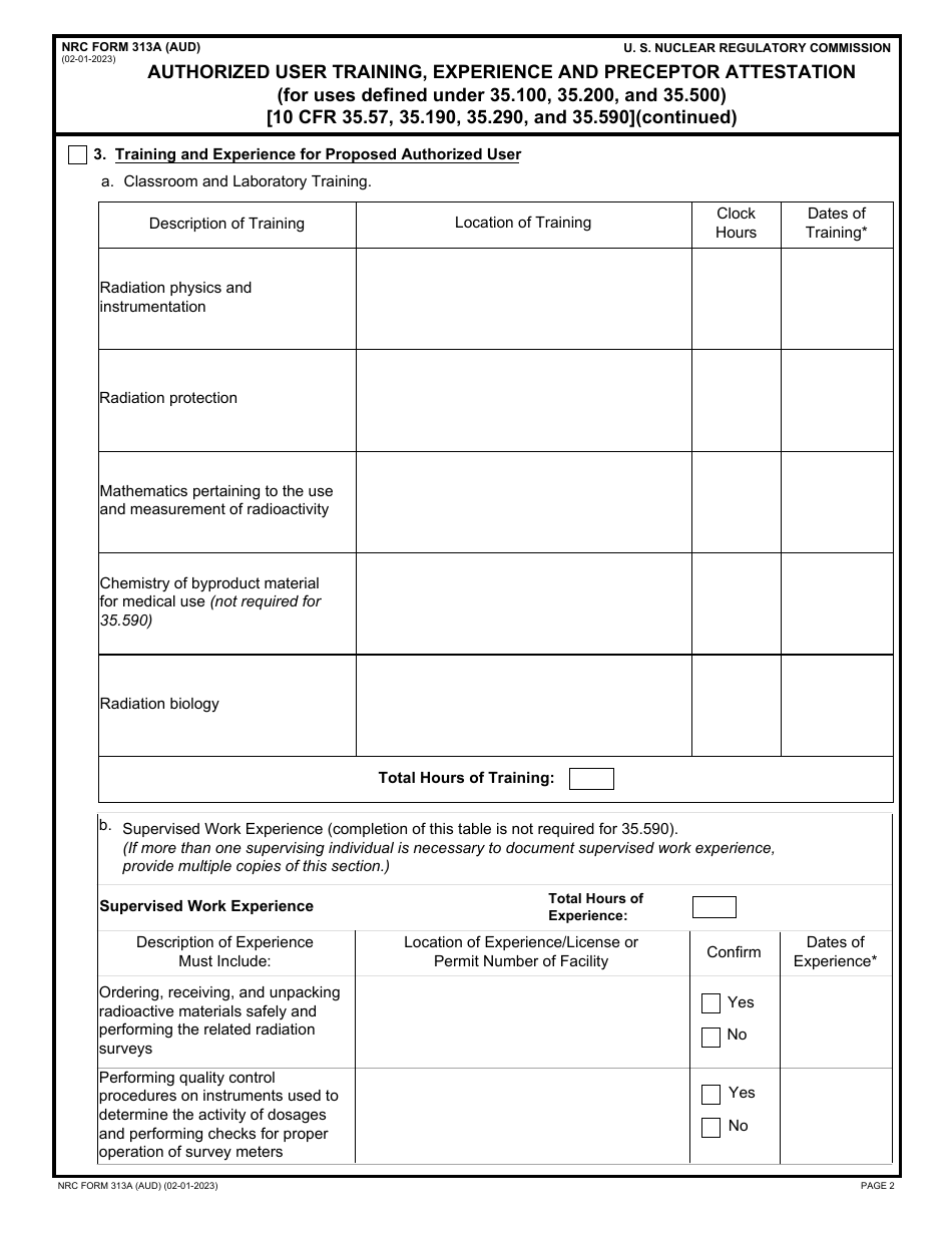 NRC Form 313A (AUD) Authorized User Training, Experience and Preceptor Attestation (For Uses Defined Under 35.100, 35.200, and 35.500), Page 2