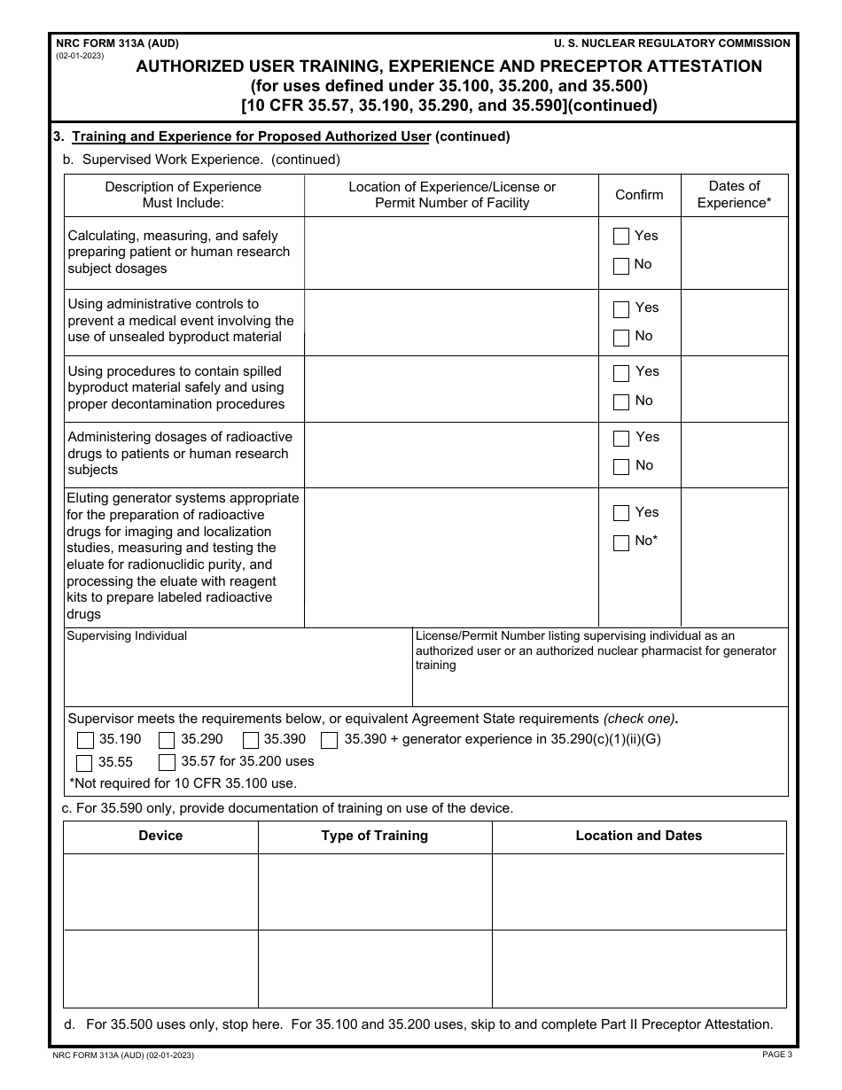 NRC Form 313A (AUD) Authorized User Training, Experience and Preceptor Attestation (For Uses Defined Under 35.100, 35.200, and 35.500), Page 3