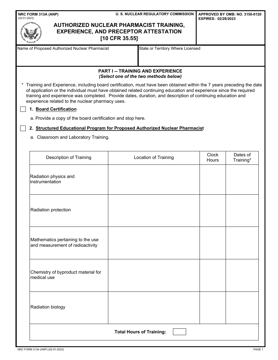 NRC Form 313A (ANP) Authorized Nuclear Pharmacist Training, Experience, and Preceptor Attestation, Page 1