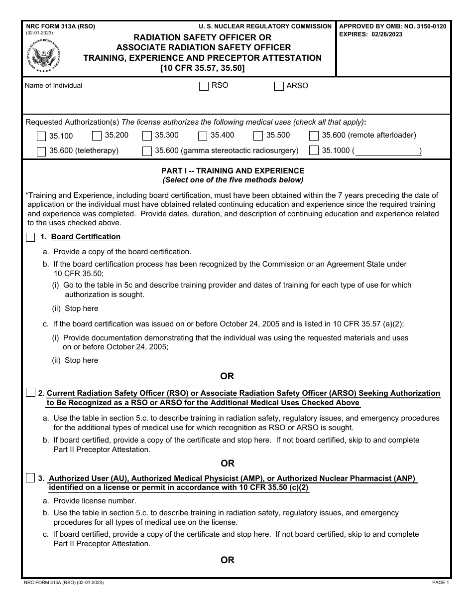 NRC Form 313A (RSO) Radiation Safety Officer or Associate Radiation Safety Officer Training, Experience and Preceptor Attestation, Page 1
