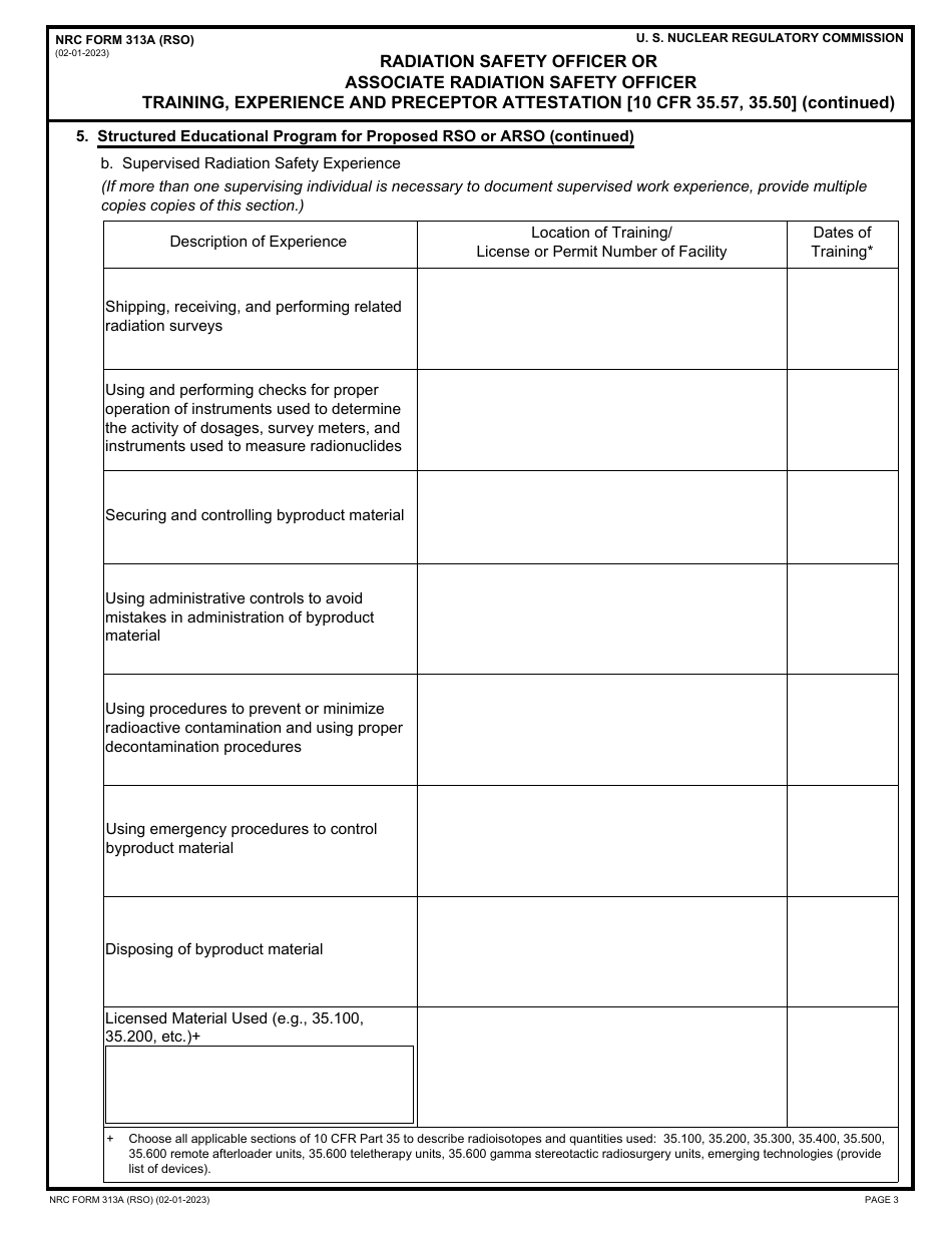 NRC Form 313A (RSO) Radiation Safety Officer or Associate Radiation Safety Officer Training, Experience and Preceptor Attestation, Page 3