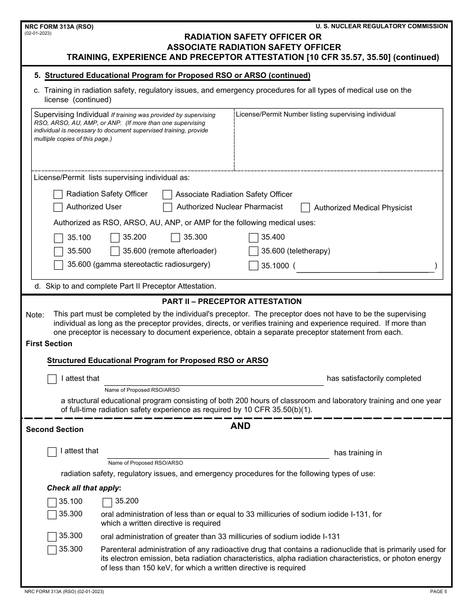 NRC Form 313A (RSO) Radiation Safety Officer or Associate Radiation Safety Officer Training, Experience and Preceptor Attestation, Page 5