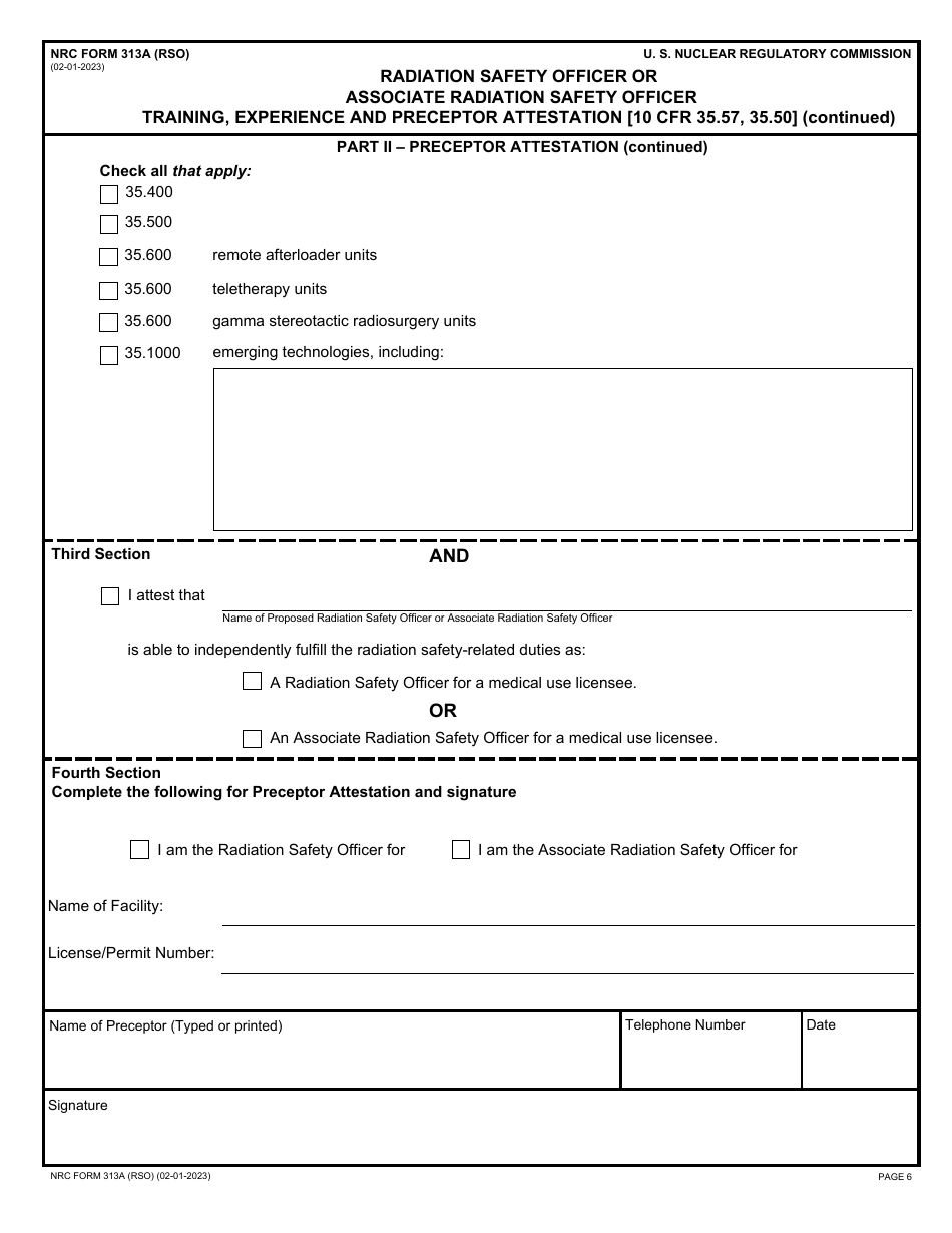 NRC Form 313A (RSO) Radiation Safety Officer or Associate Radiation Safety Officer Training, Experience and Preceptor Attestation, Page 6