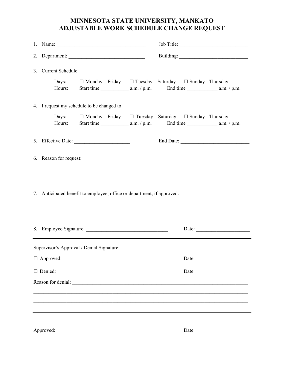Adjustable Work Schedule Change Request Form - Minnesota State University, Page 1