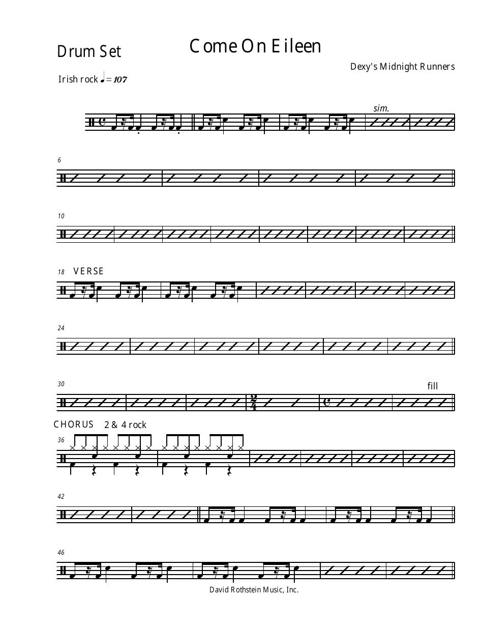 Dexy's Midnight Runners - Come on Eileen Drum Set Sheet Music Preview