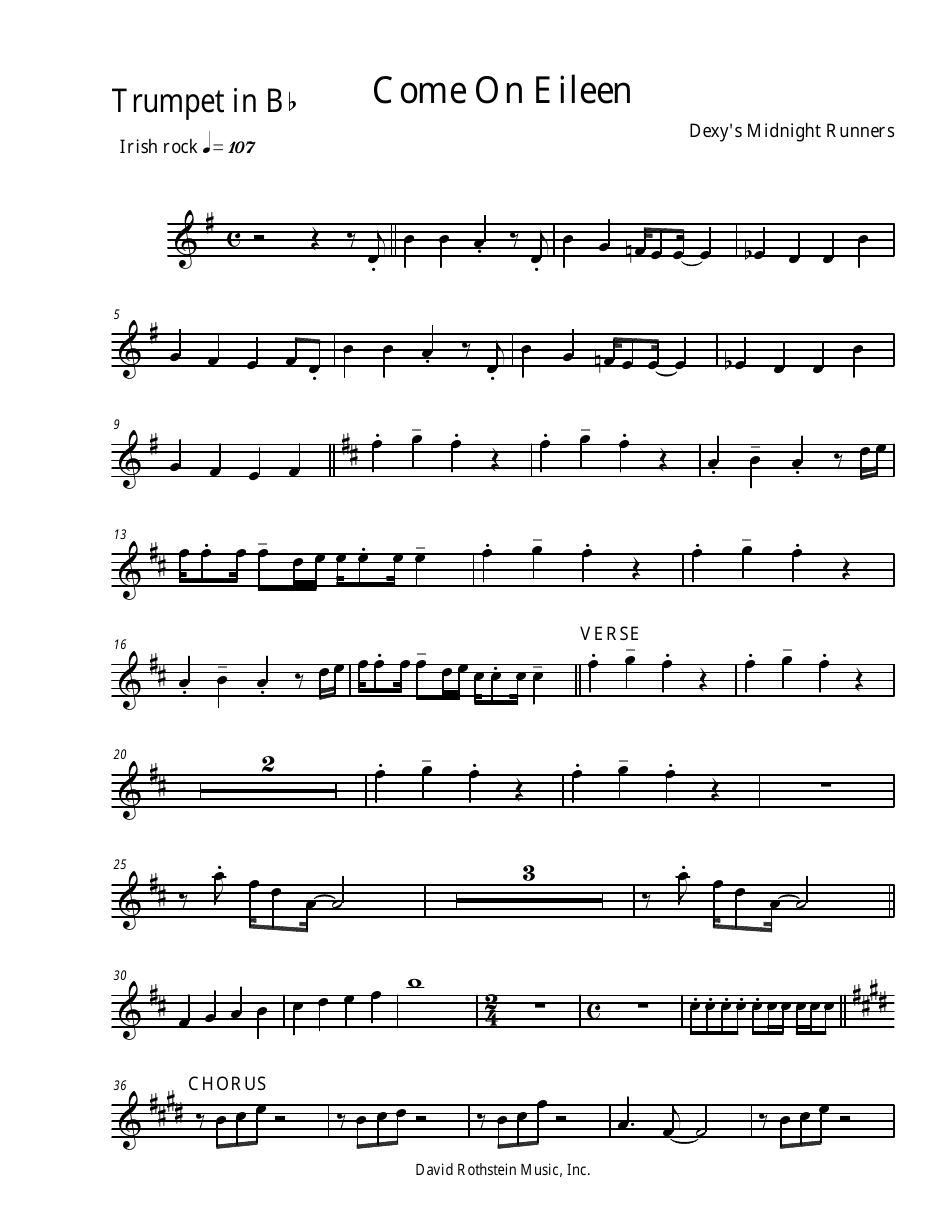 Trumpet in Bb Sheet Music for Dexy's Midnight Runners song "Come on Eileen