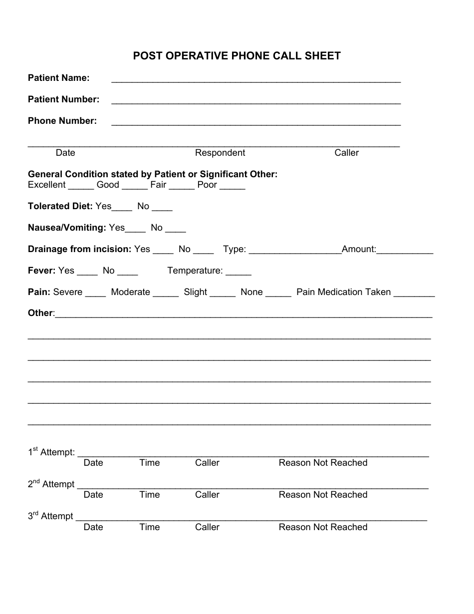 Post Operative Phone Call Sheet Template Download Printable PDF