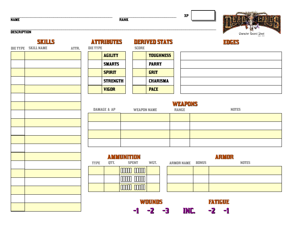 Deadlands Character Sheet - White, Page 1