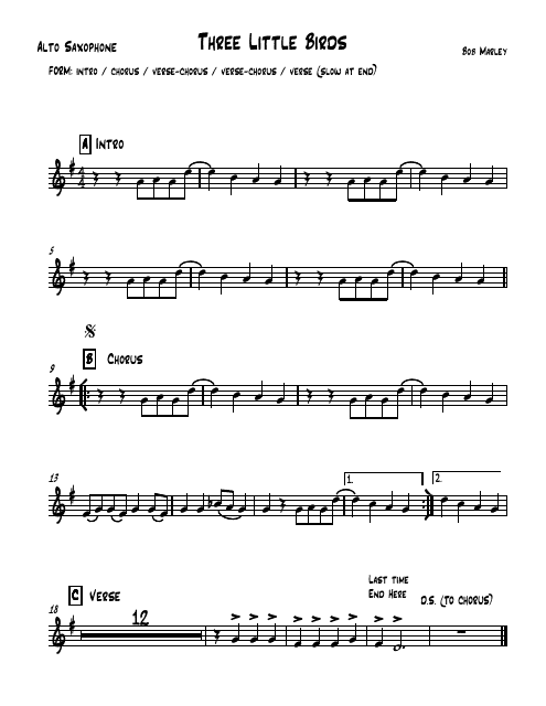 Bob Marley - Three Little Birds Alto Saxophone Sheet Music