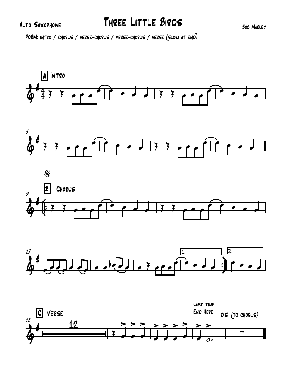 Bob Marley - Three Little Birds alto saxophone sheet music preview