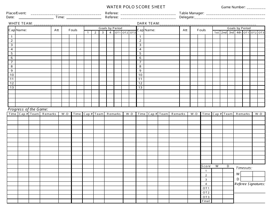 Water Polo Score Sheet Template, Page 1