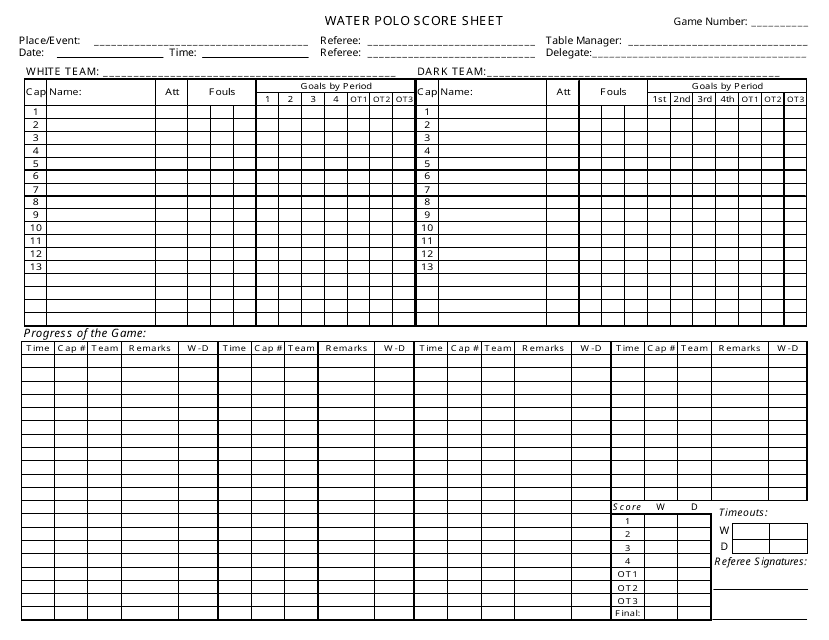 Water Polo Score Sheet Template - Without Grey Columns