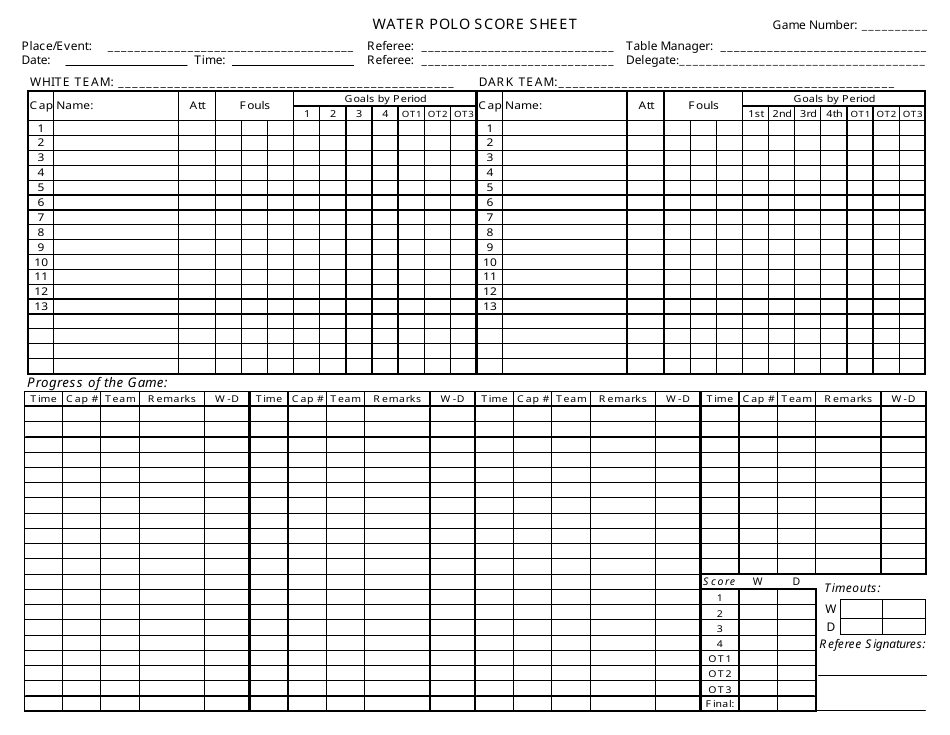 Water Polo Score Sheet Template Without Grey Columns Download