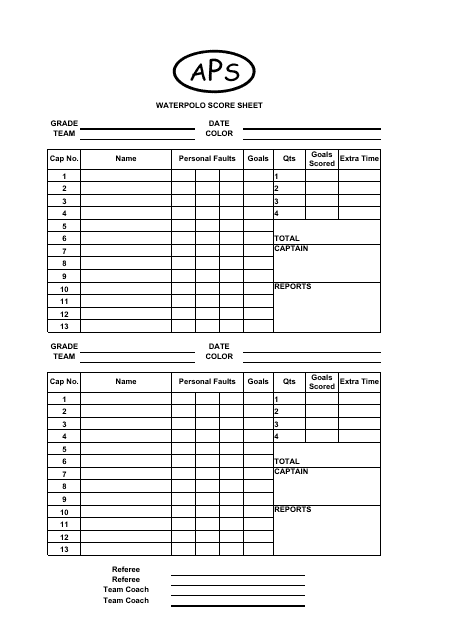 Water Polo Score Sheet Template - Aps Sport - Australia