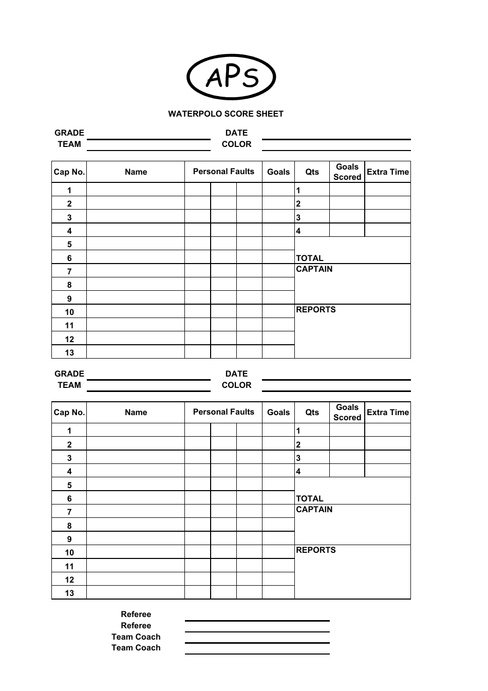 Australia Water Polo Score Sheet Template Aps Sport Download
